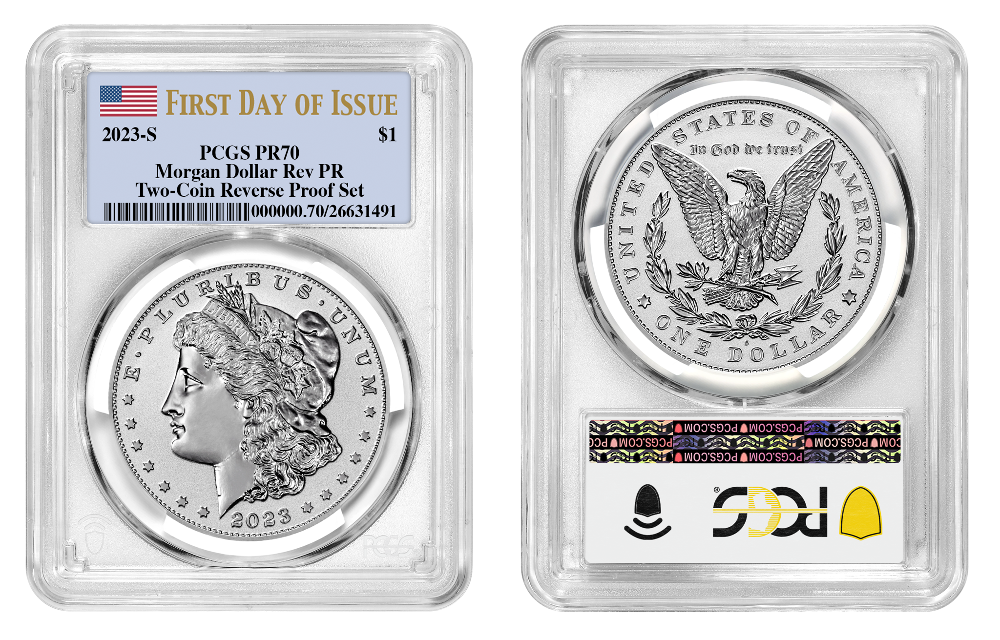 2023-S (PR70) Two Coin Reverse Proof $1 Morgan & Peace First Day of Issue PCGS