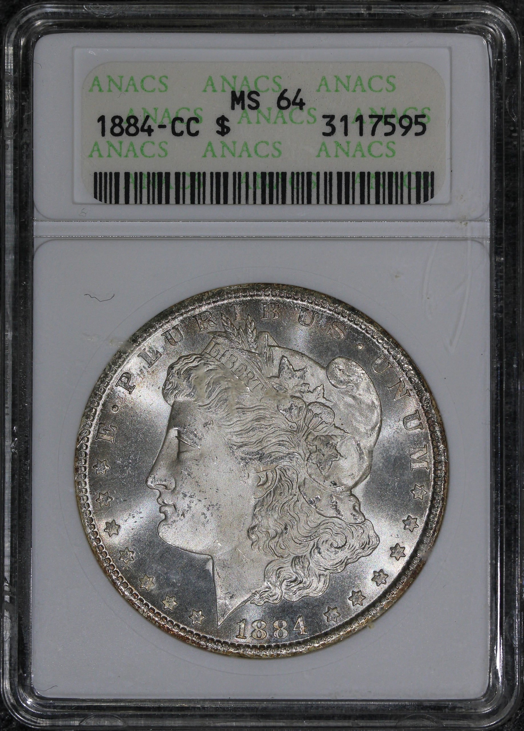 1884-CC (MS64) $1 Morgan Silver Dollar ANACS Soapbox Holder