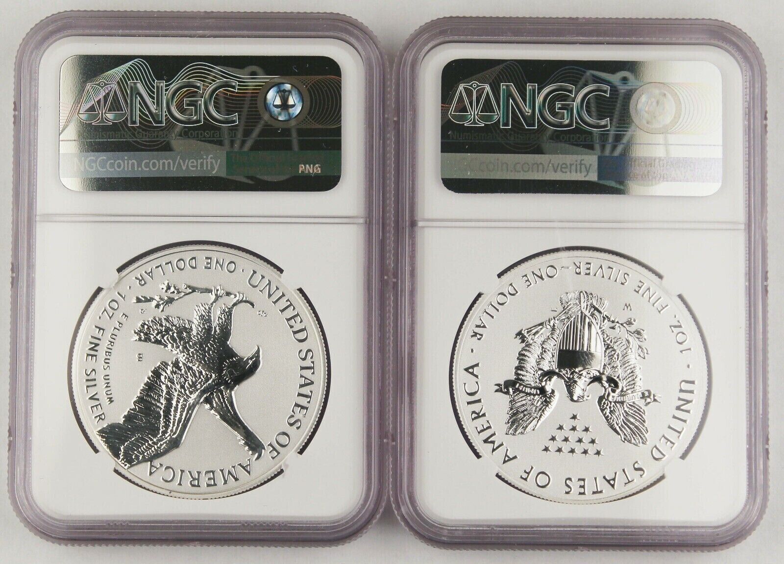 2021-W & S (PF70) Reverse Proof Silver Eagle Designer 2 Coin Set NGC Type 1 & 2