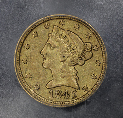 1849-D (AU50) $5 Liberty Head Gold Half Eagle ICG