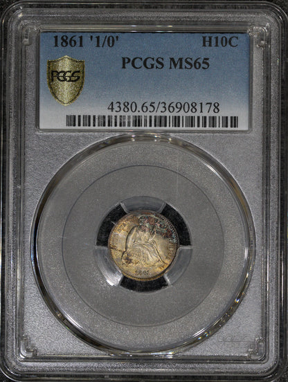 1861/0 (MS65) Seated Liberty Half Dime H10c Overdate PCGS