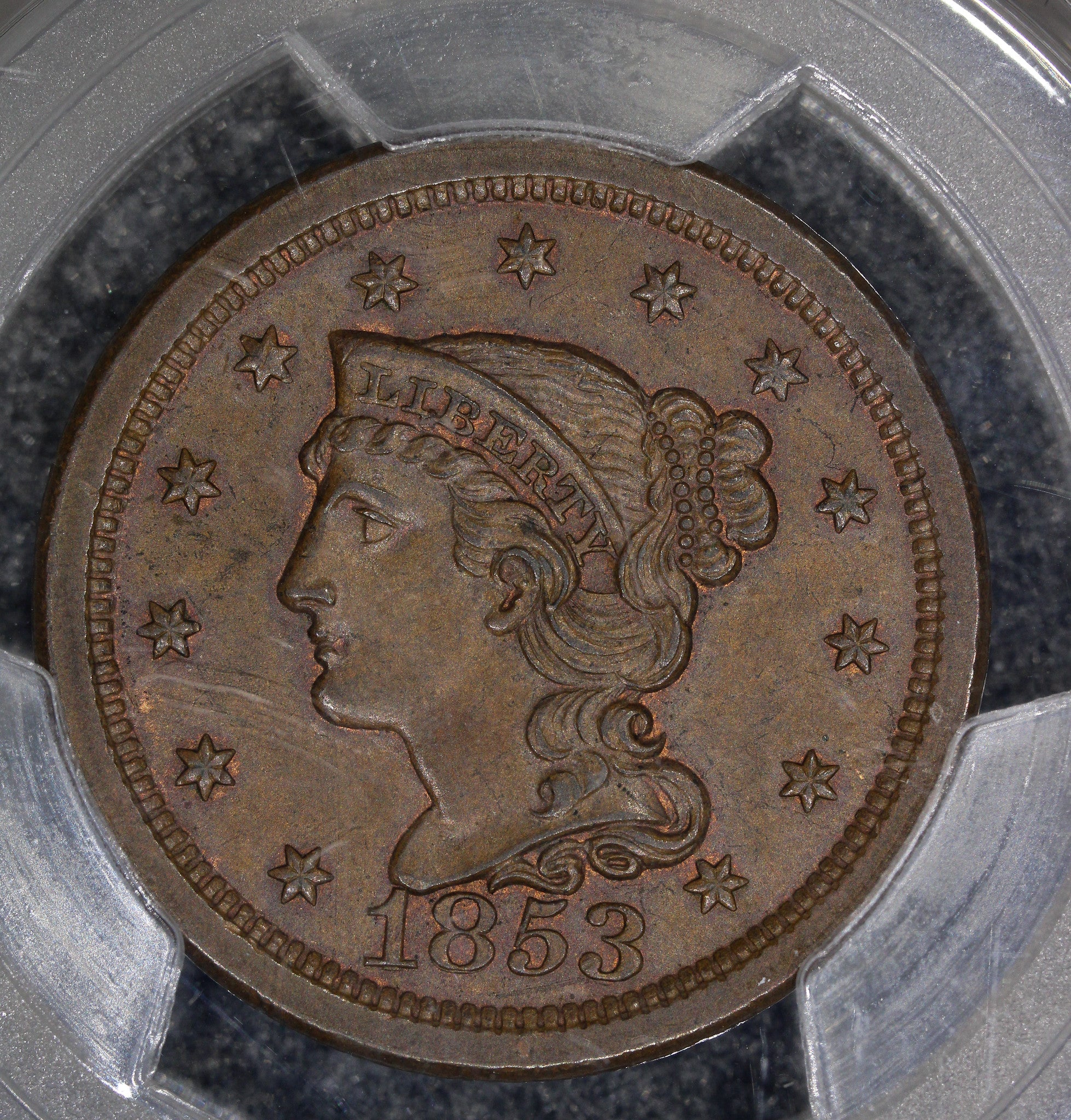 1853 (MS64 BN CAC) Braided Hair Large Cent Brown PCGS