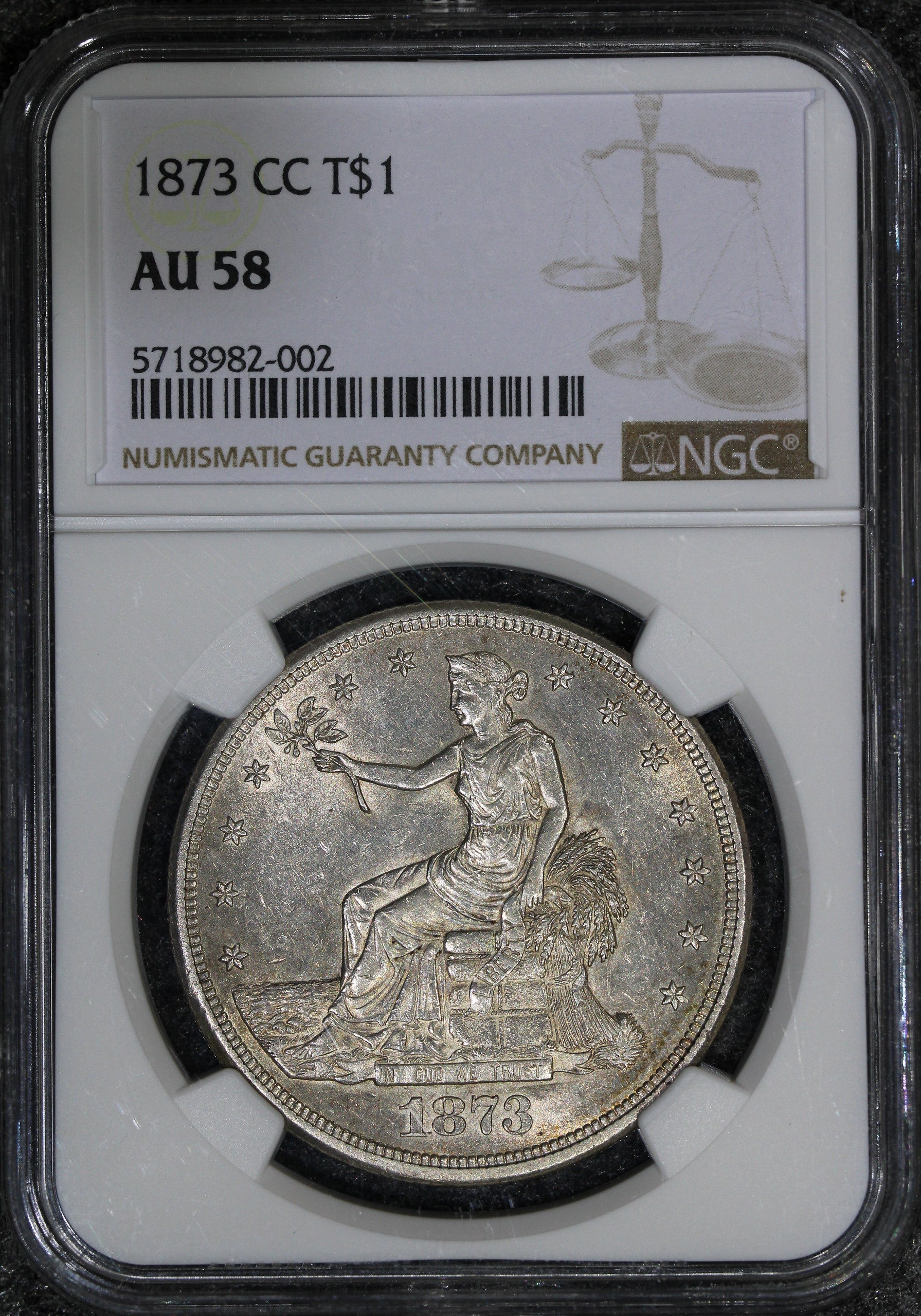 1873-CC (AU58) $1 Trade Silver Dollar NGC