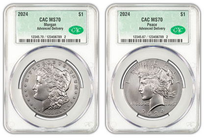 2024 (MS70) Morgan & Peace Silver Dollar (2 Coin) CACG Advanced Delivery AD CAC