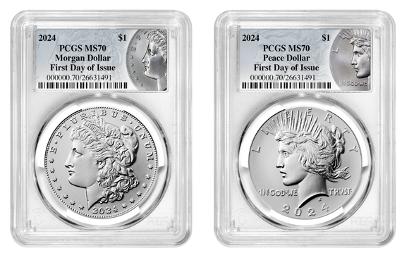 2024 (MS70) Morgan & Peace Silver Dollar (2 Coin) First Day of Issue FDOI PCGS