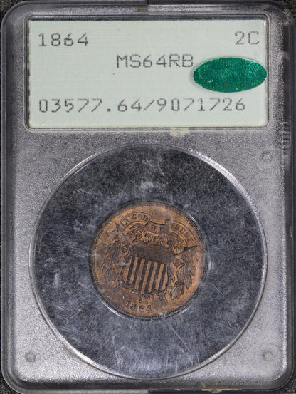 1864 (MS64 RB CAC) Two Cent Piece Red Brown 2c Rattler Holder PCGS