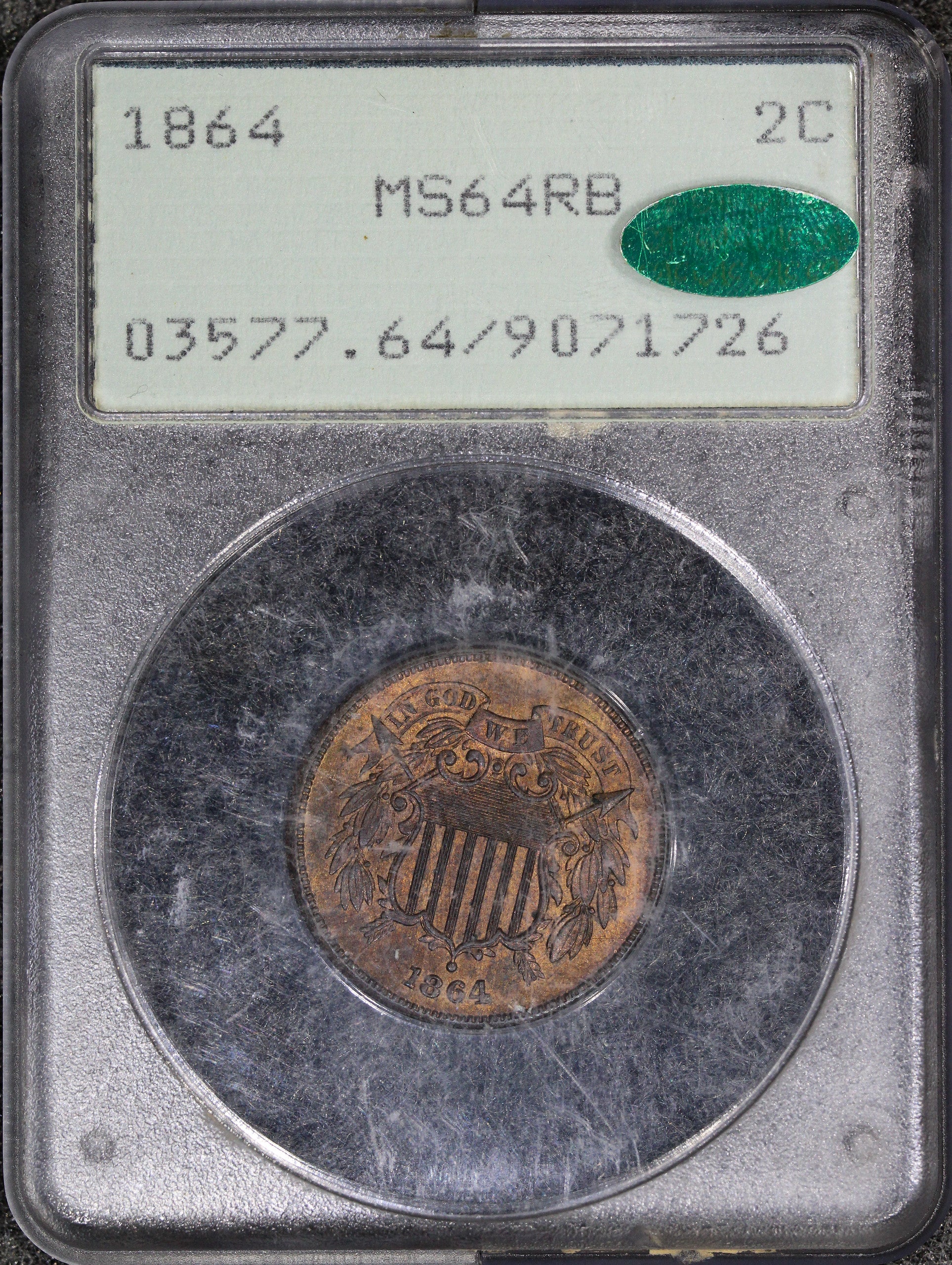 1864 (MS64 RB CAC) Two Cent Piece Red Brown 2c Rattler Holder PCGS