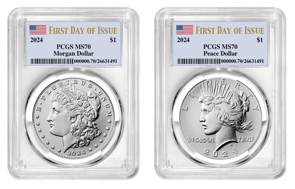 2024-P (MS70) Morgan & Peace Silver Dollar (2 Coin) First Day Of Issue FDOI PCGS