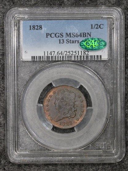 1828 (MS64BN CAC) Classic Head Half Cent (13 Stars) PCGS