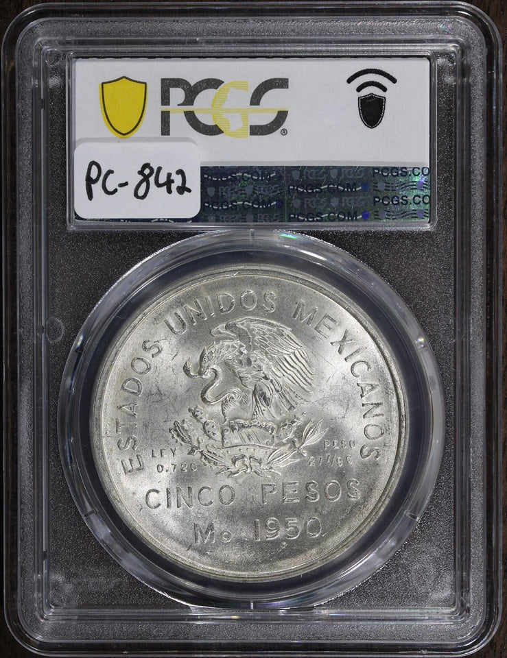 1950-Mo (MS64) Mexico 5 Peso Southern Railroad PCGS - Frosty Commemorative