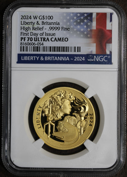 2024-W (PF70) 1 oz $100 Proof Gold Liberty & Britannia NGC - First Day of Issue - US