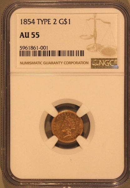 1854 (AU55) Type 2 - Gold Dollar $1 NGC Graded Coin