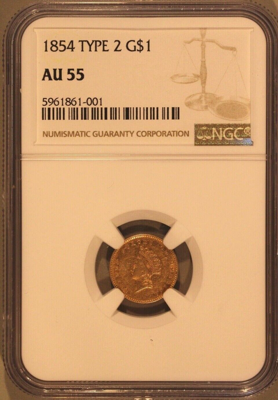 1854 (AU55) Type 2 - Gold Dollar $1 NGC Graded Coin