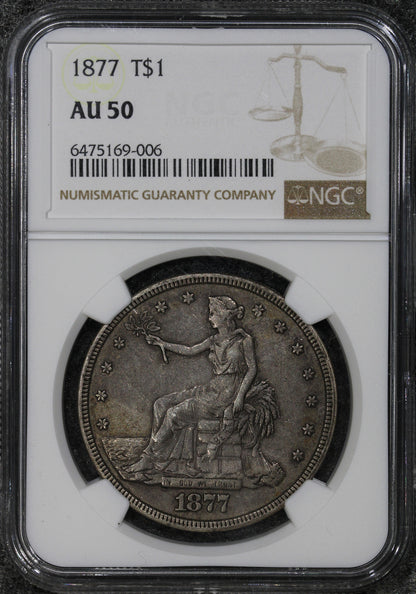 1877 (AU50) $1 Trade Silver Dollar NGC 1877-P Philadelphia