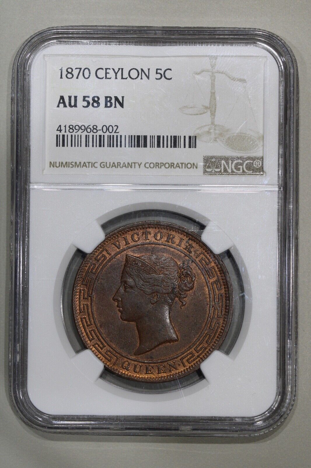 1870 Ceylon Sri Lanka 5 Cent Copper Coin NGC AU 58 BN