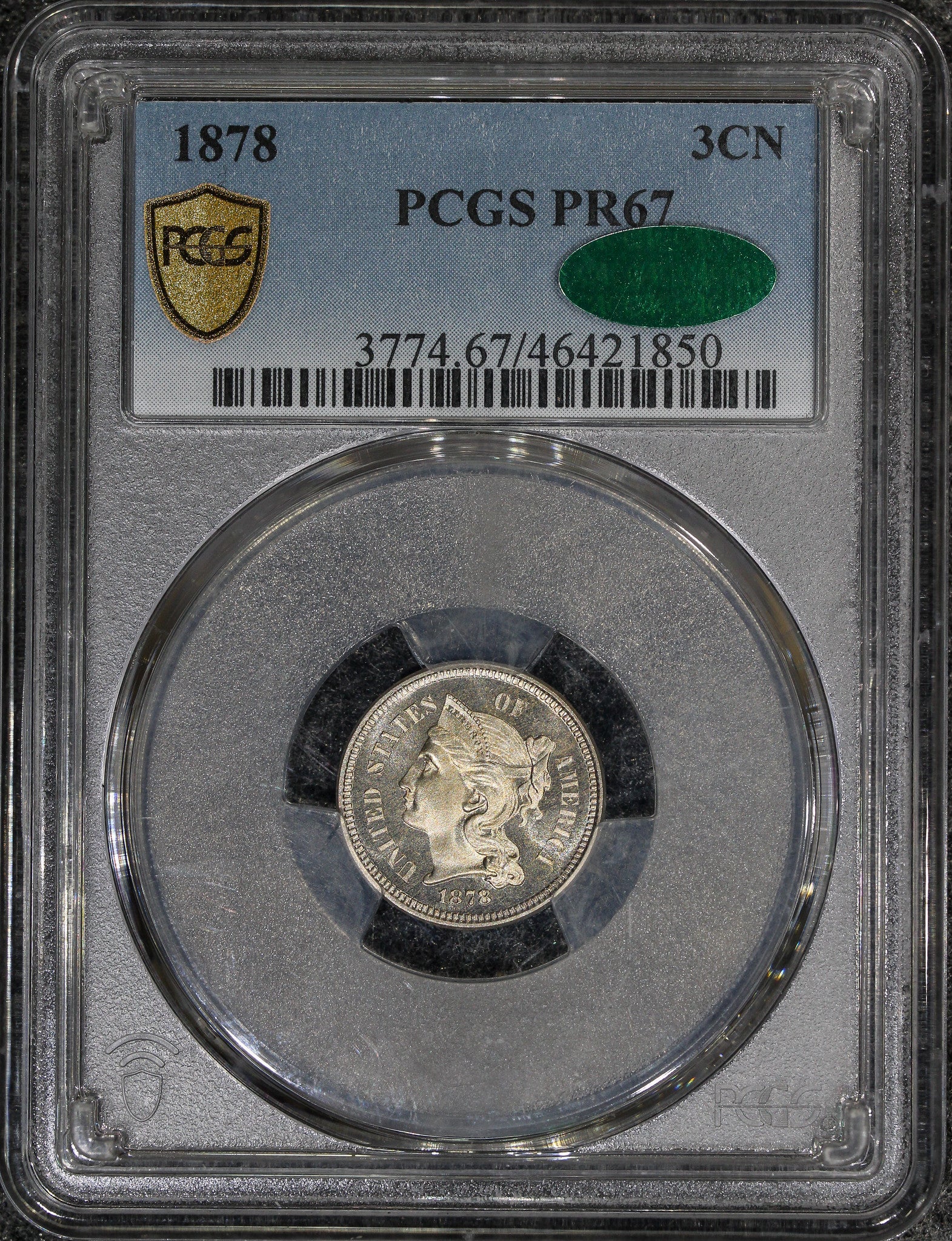 1878 (PR67 CAC) Proof Three Cent Nickel 3cn PCGS