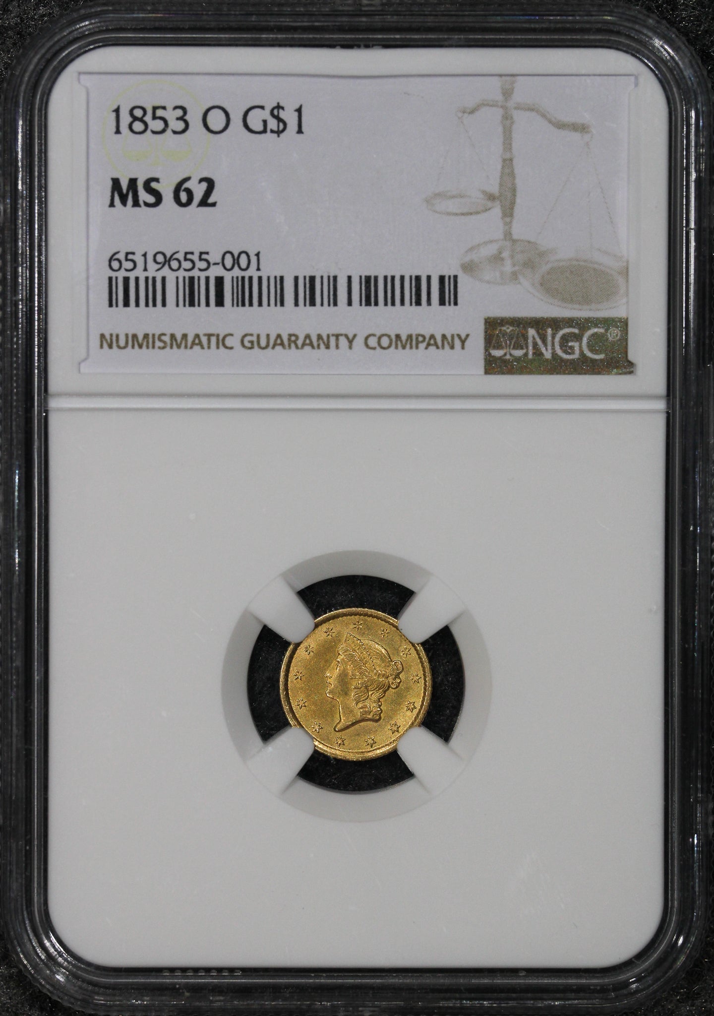 1853-O (MS62) G$1 Gold Dollar (Type 1) Liberty Head NGC