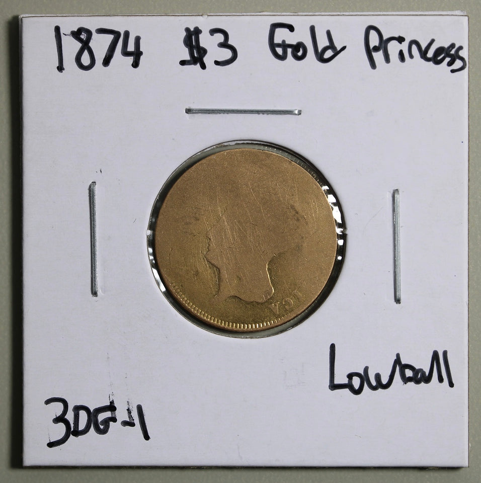 1874 $3 Three Dollar Gold Princess Lowball Piece Raw