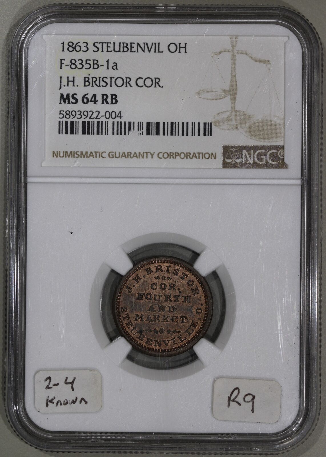 1863 (MS64 RB) Token F-835B-1a Copper PE J.H. Bristor OH, BN (Regular Strike)