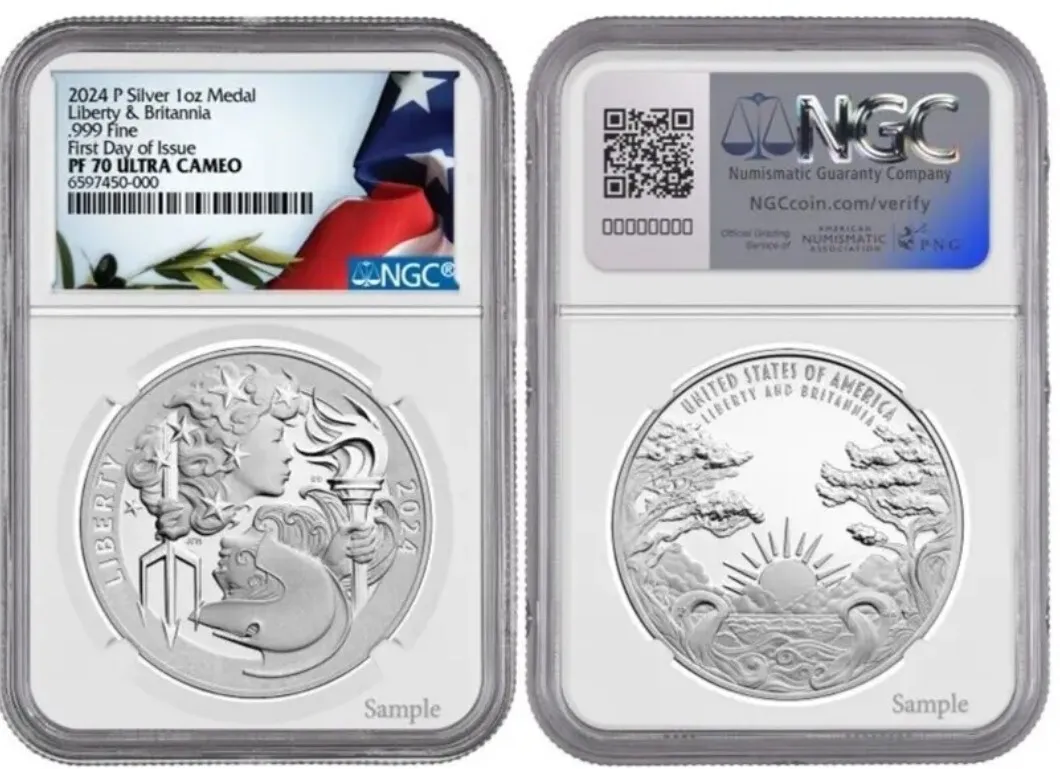 2024 (PF70 FDOI) Liberty & Britannia 1 oz Proof Silver Medal USA First Day NGC