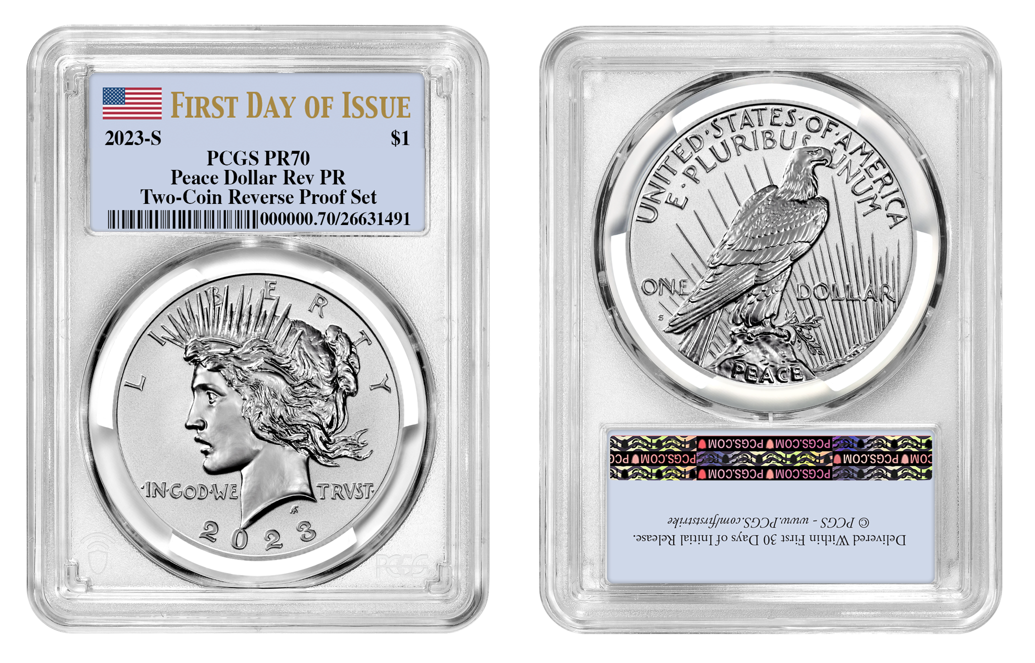 2023-S (PR70) Two Coin Reverse Proof $1 Morgan & Peace First Day of Issue PCGS