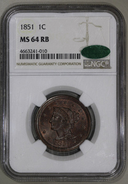 1851 (MS64 CAC RB) Braided Hair Large Cent 1c NGC Graded Coin - Red Brown