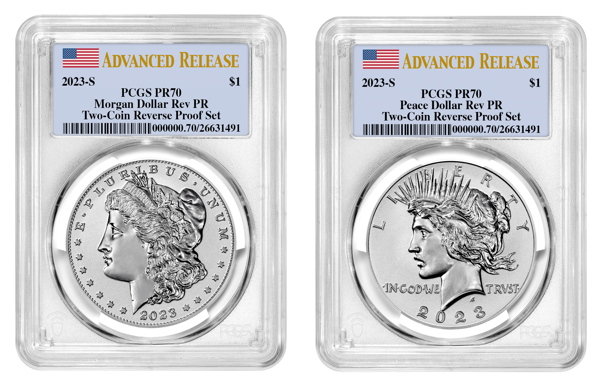 2023-S (PR70) Two Coin Set Reverse Proof $1 Morgan & Peace Silver Dollar AR PCGS