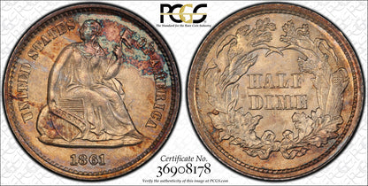 1861/0 (MS65) Seated Liberty Half Dime H10c Overdate PCGS