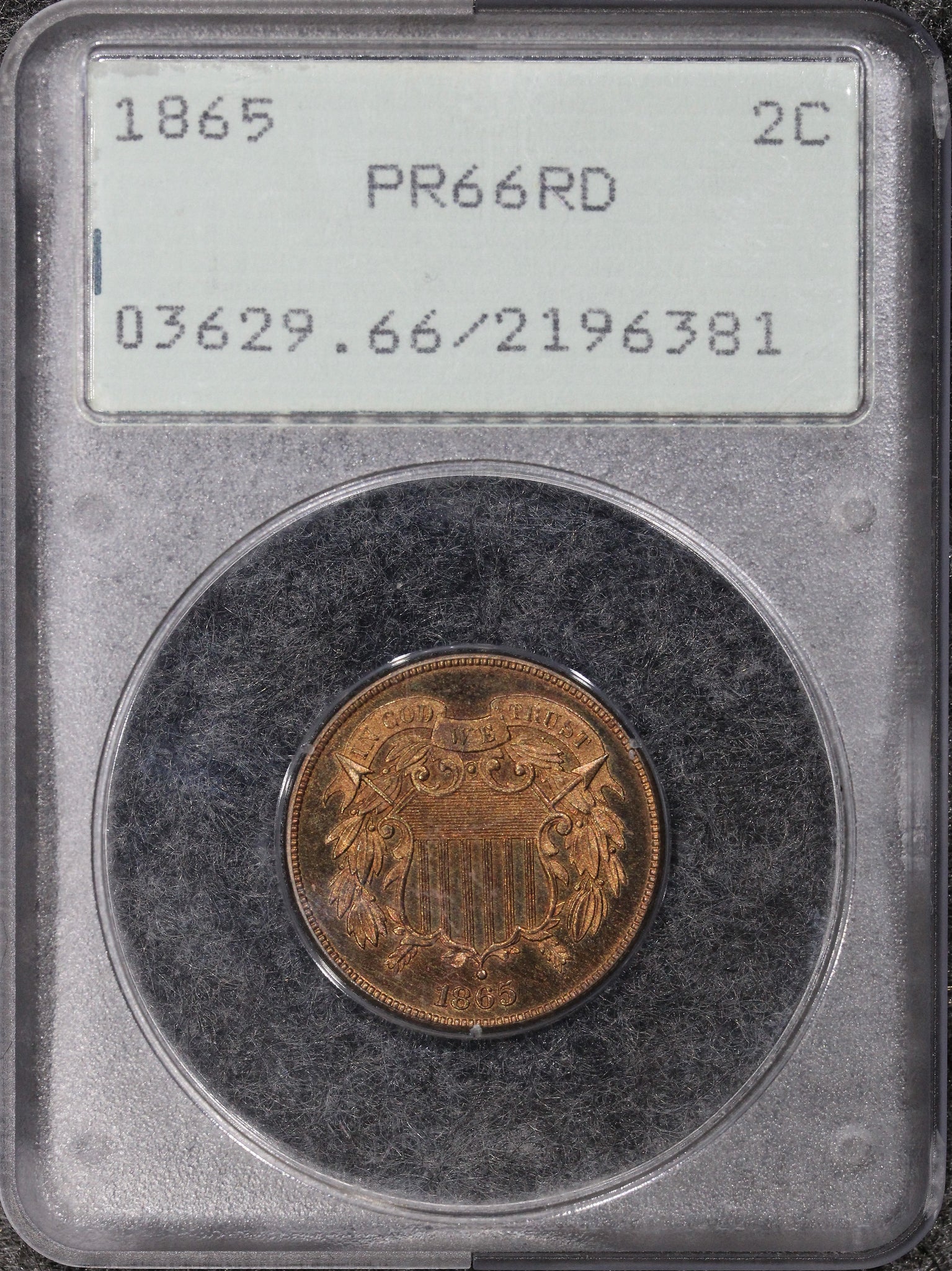 1865 (PR66 RD) Proof Two-Cent Piece 2c PCGS Rattler - BLAZING RED