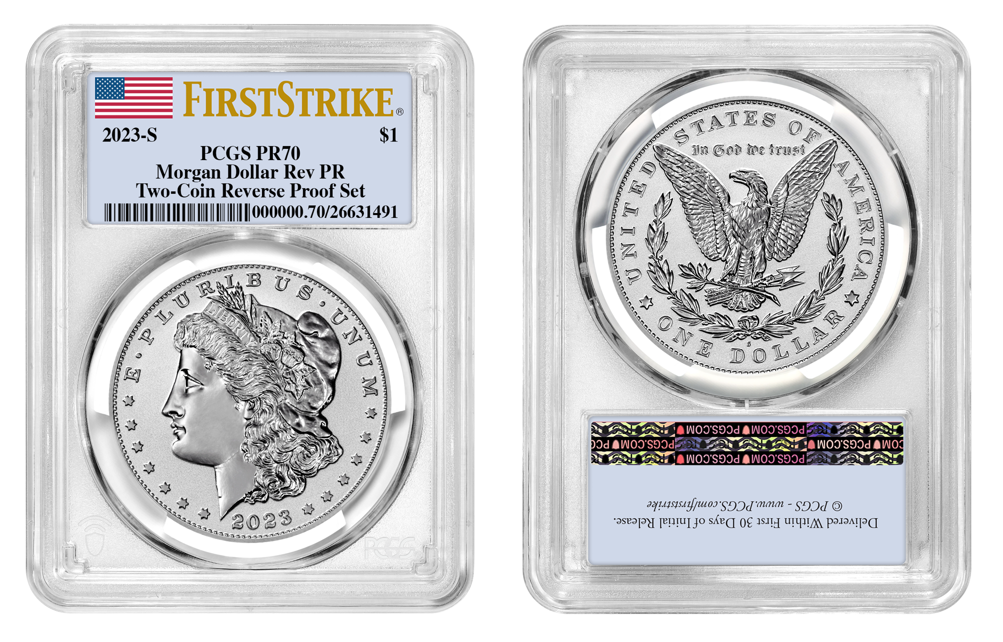 2023-S (PR70) Two Coin Set Reverse Proof $1 Morgan & Peace Silver Dollar FS PCGS