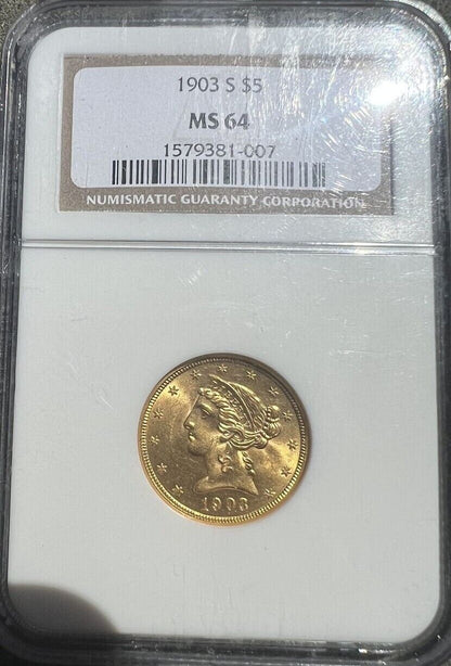 1903-S (MS64) $5 Liberty Head Half Eagle Gold NGC Graded Coin