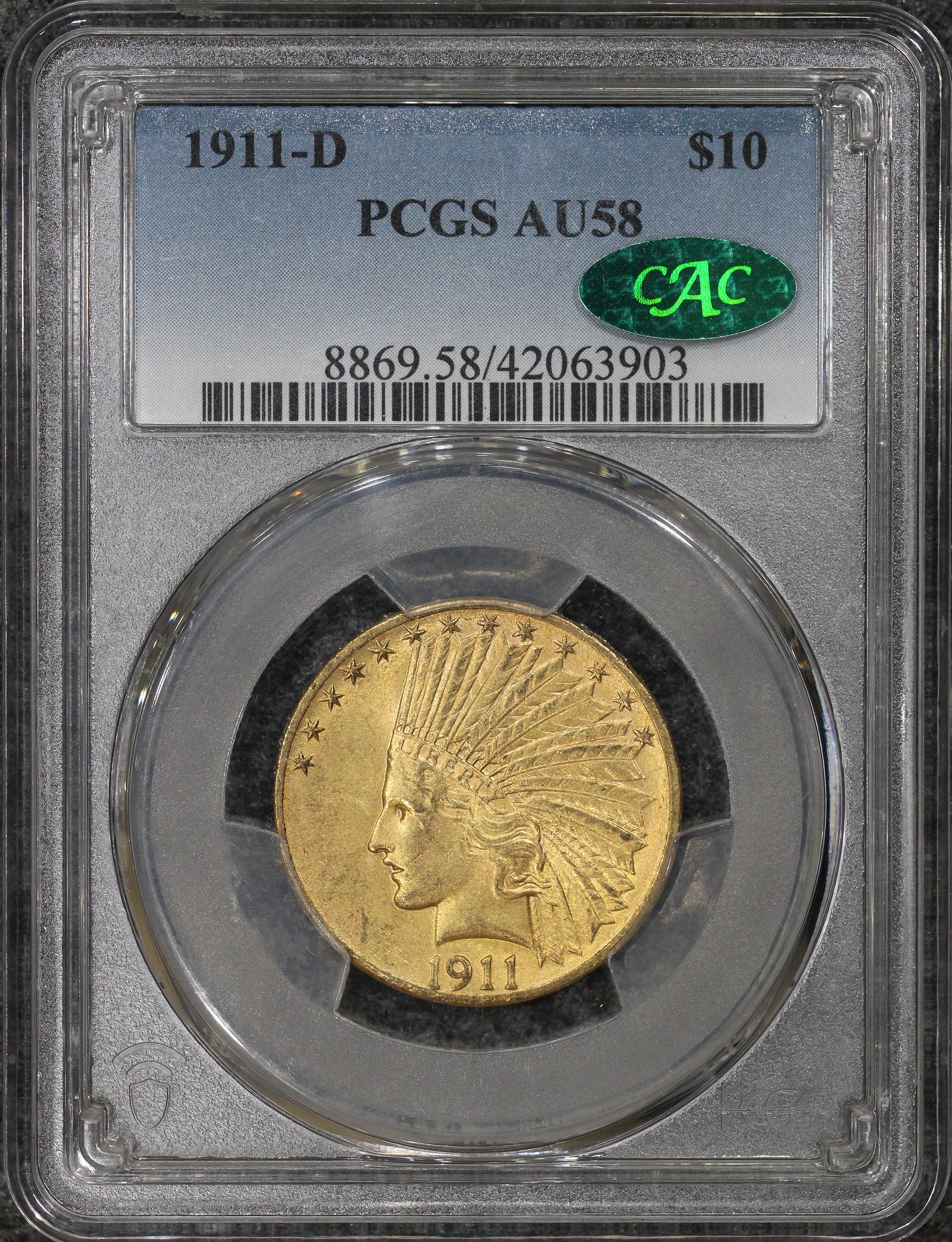 1911-D (AU58 CAC) $10 Indian Gold Eagle PCGS - CAC & KEY DATE