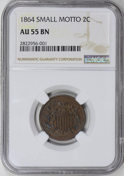 1864 (AU55) Two Cent Piece Small Motto 2c NGC Graded Coin