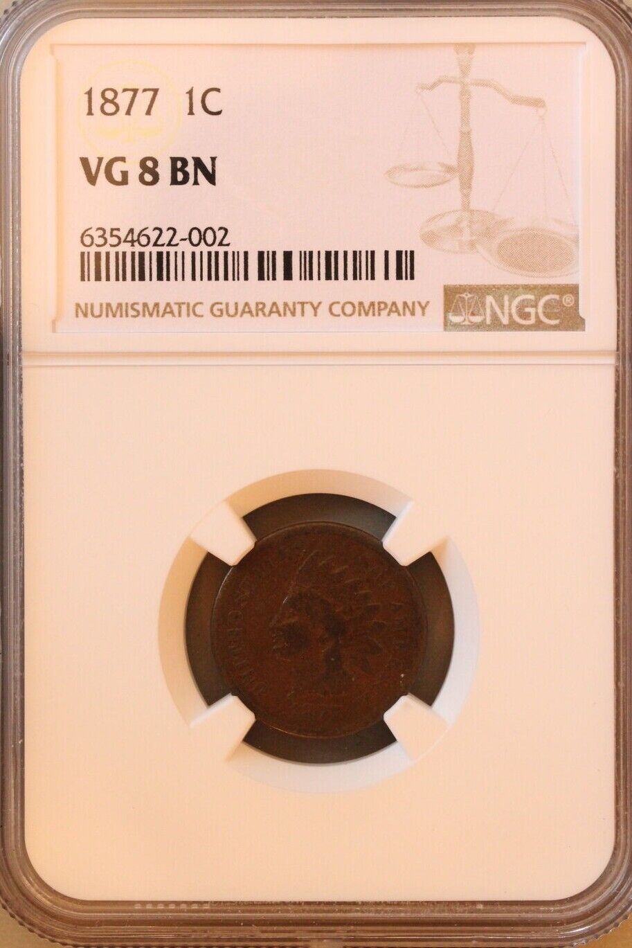 1877 (VG8) Indian Head Cent Penny 1c Key Date NGC Graded Coin