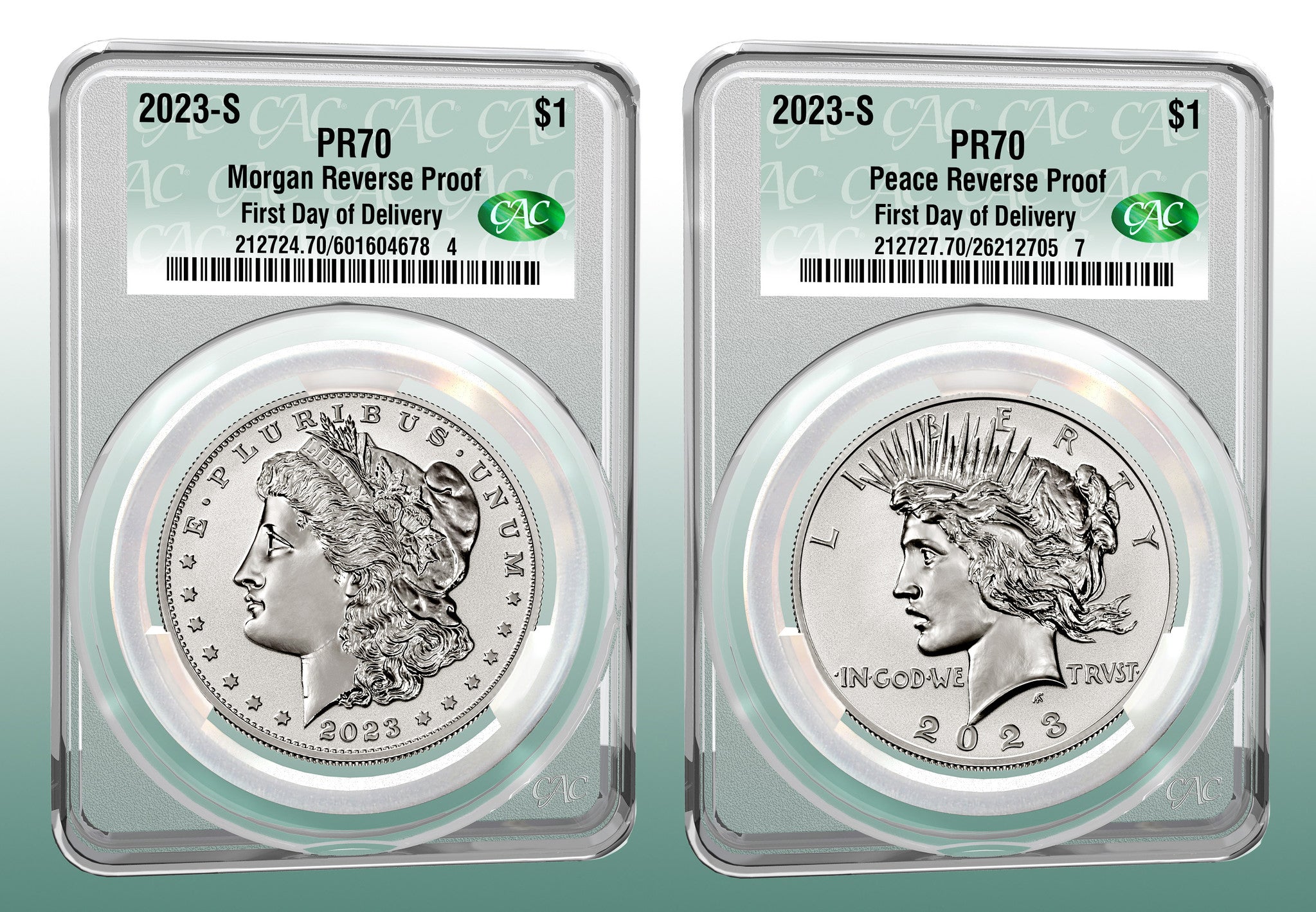 2023-S (PR70) Two Coin Reverse Proof $1 Morgan & Peace CAC First Day of Delivery