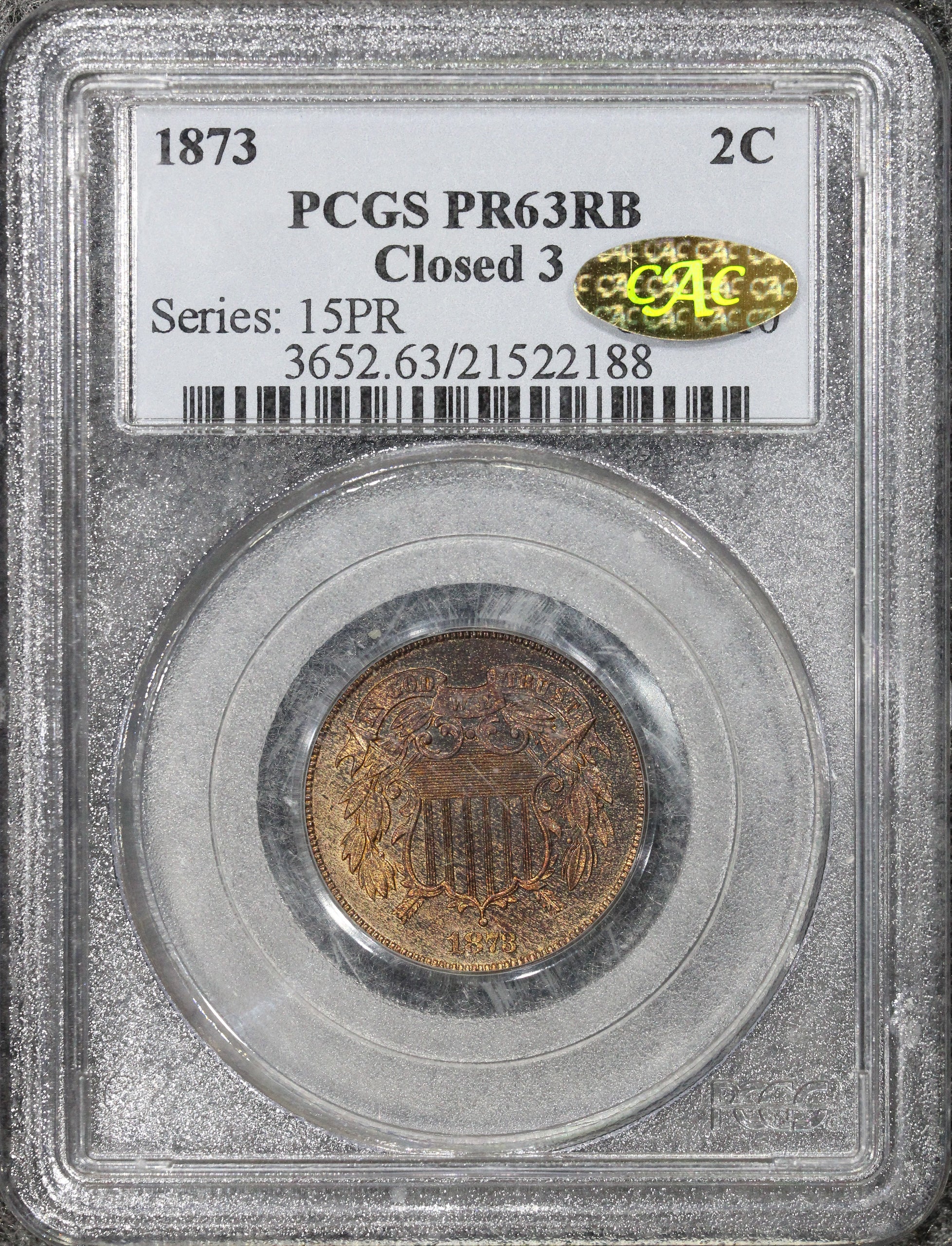 1873 (PR63 RB GOLD CAC) Proof Two-Cent Piece 2c PCGS (Closed 3) - GOLD STICKER