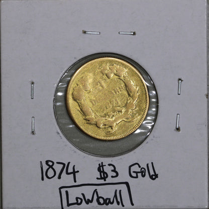 1874 $3 Three Dollar Gold Princess Lowball Piece Raw