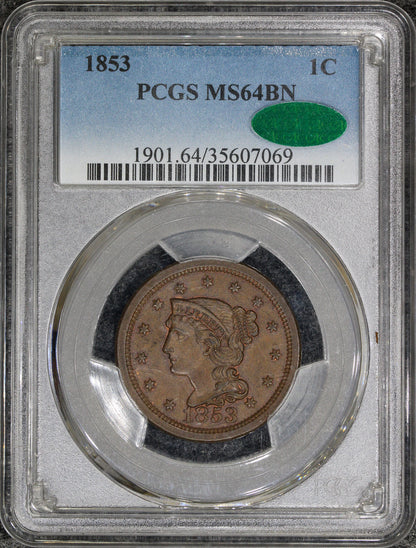 1853 (MS64 BN CAC) Braided Hair Large Cent Brown PCGS