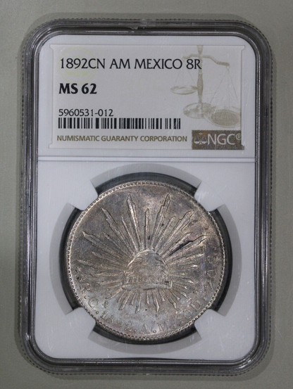 1892-Cn Mexico Cap & Rays 8 Reales NGC MS62 Uncirculated Silver Coin