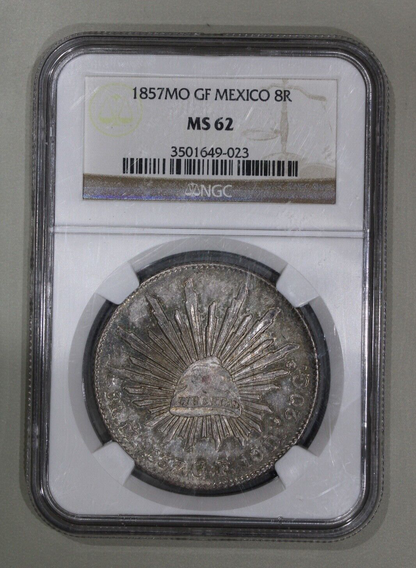 1857-Mo Mexico City Cap & Rays 8 Reales NGC MS62 Toned Silver Coin