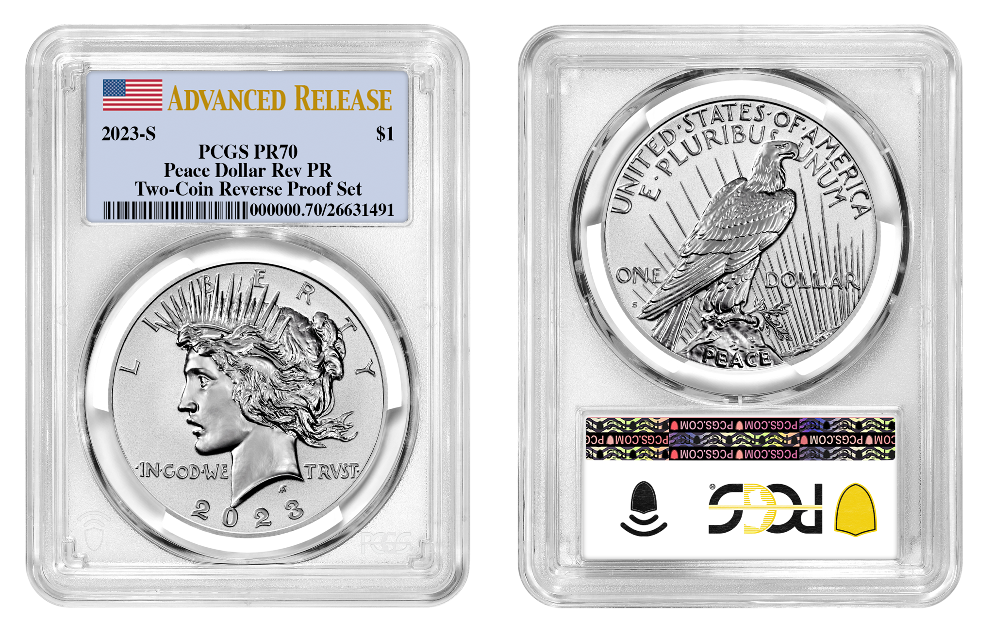 2023-S (PR70) Two Coin Set Reverse Proof $1 Morgan & Peace Silver Dollar AR PCGS