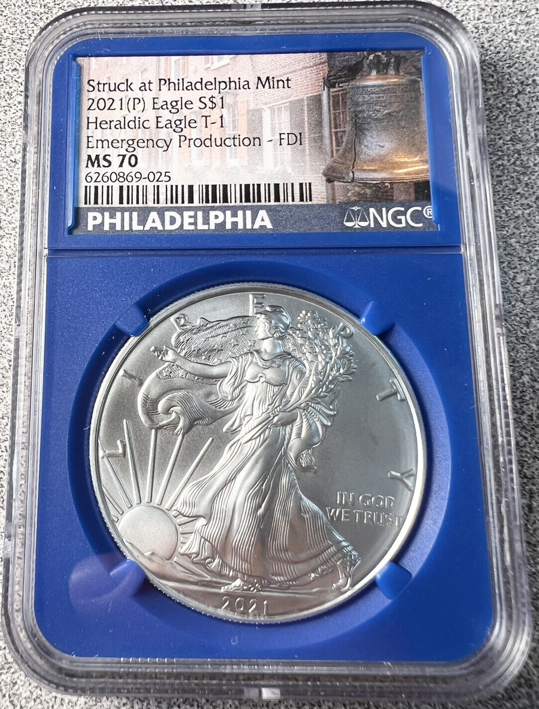 2021 (P) Silver Eagle Struck at Philadelphia Emergency T-1 NGC MS70 FDI Type 1