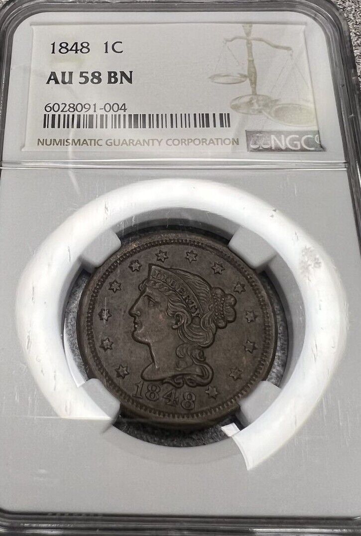 1848 (AU58 BN) Braided Hair Large Cent 1c NGC Graded Coin