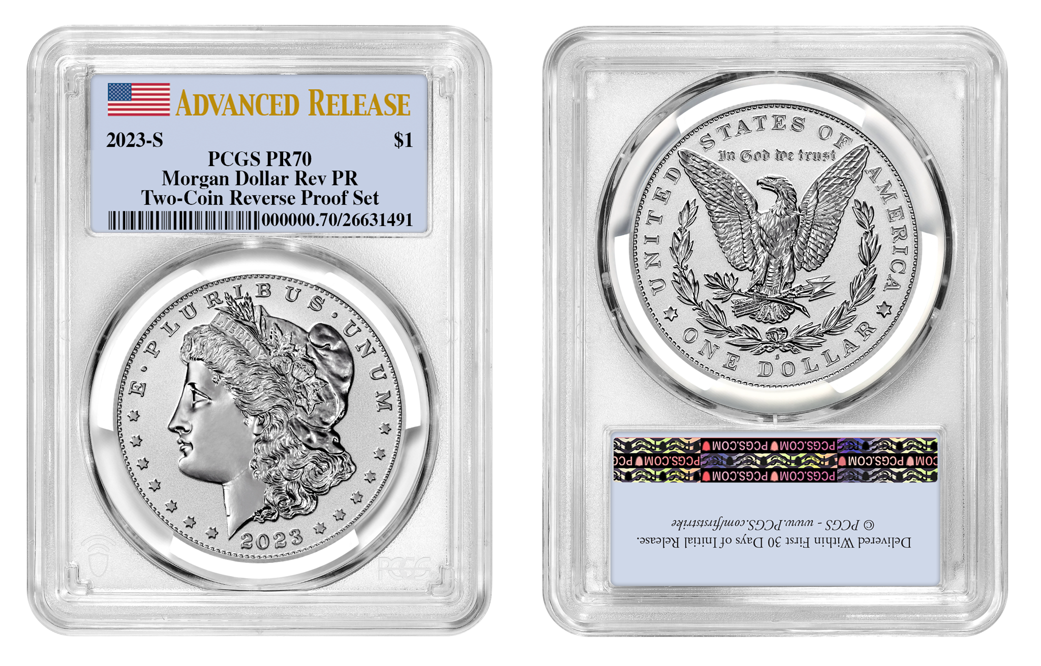 2023-S (PR70) Two Coin Set Reverse Proof $1 Morgan & Peace Silver Dollar AR PCGS