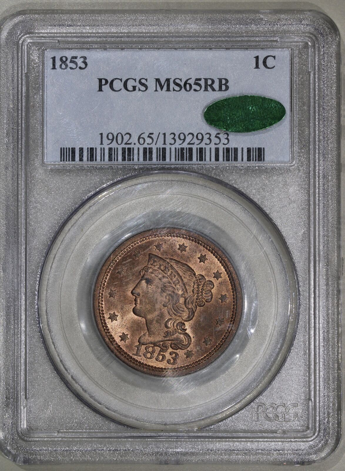 1853 (MS65 CAC RB) Braided Hair Large Cent - Almost Blazing Red!!!