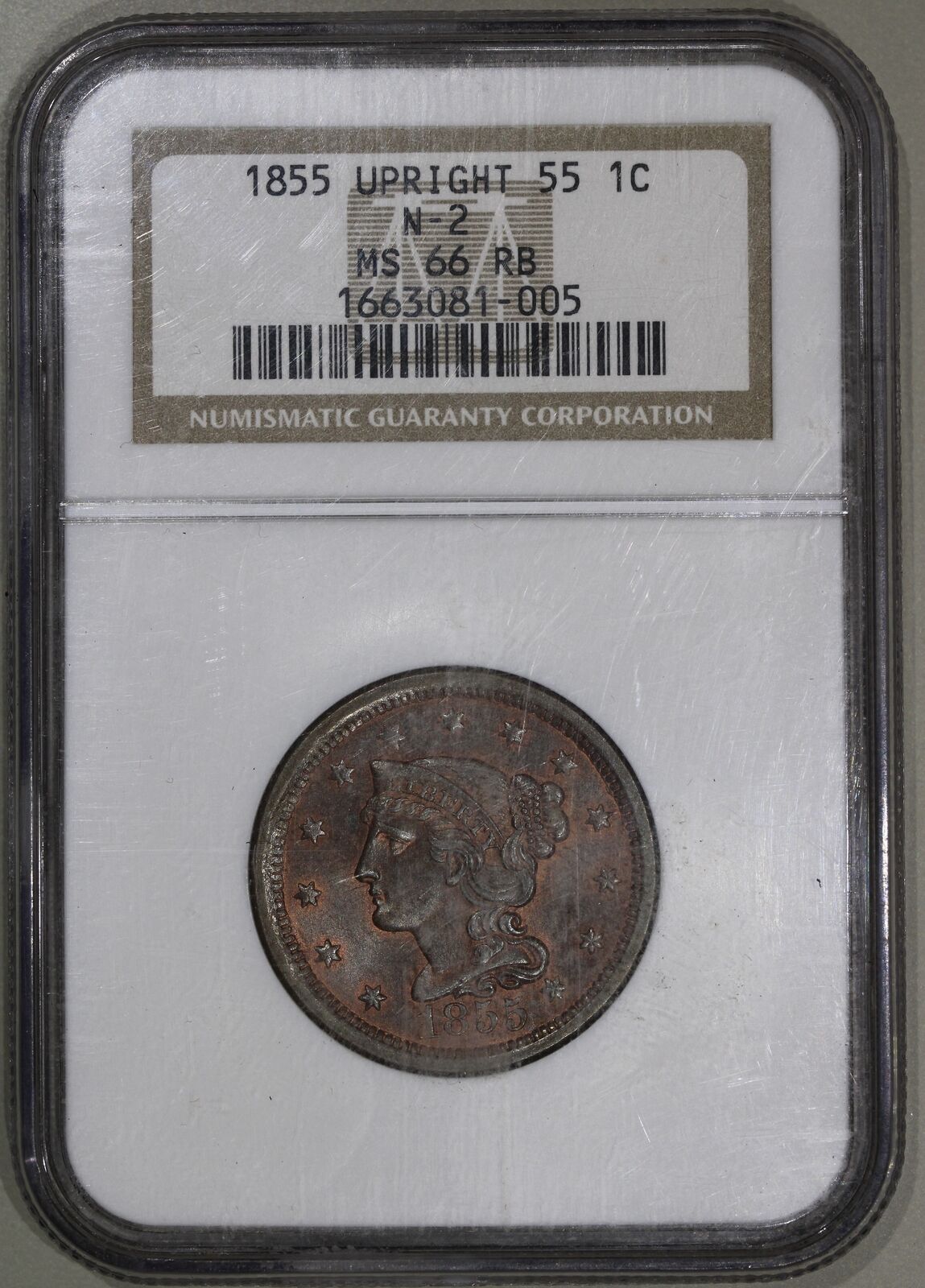 1855 Upright 5 (MS66 RB) N-2 Braided Hair Large Cent 1c NGC Graded Coin