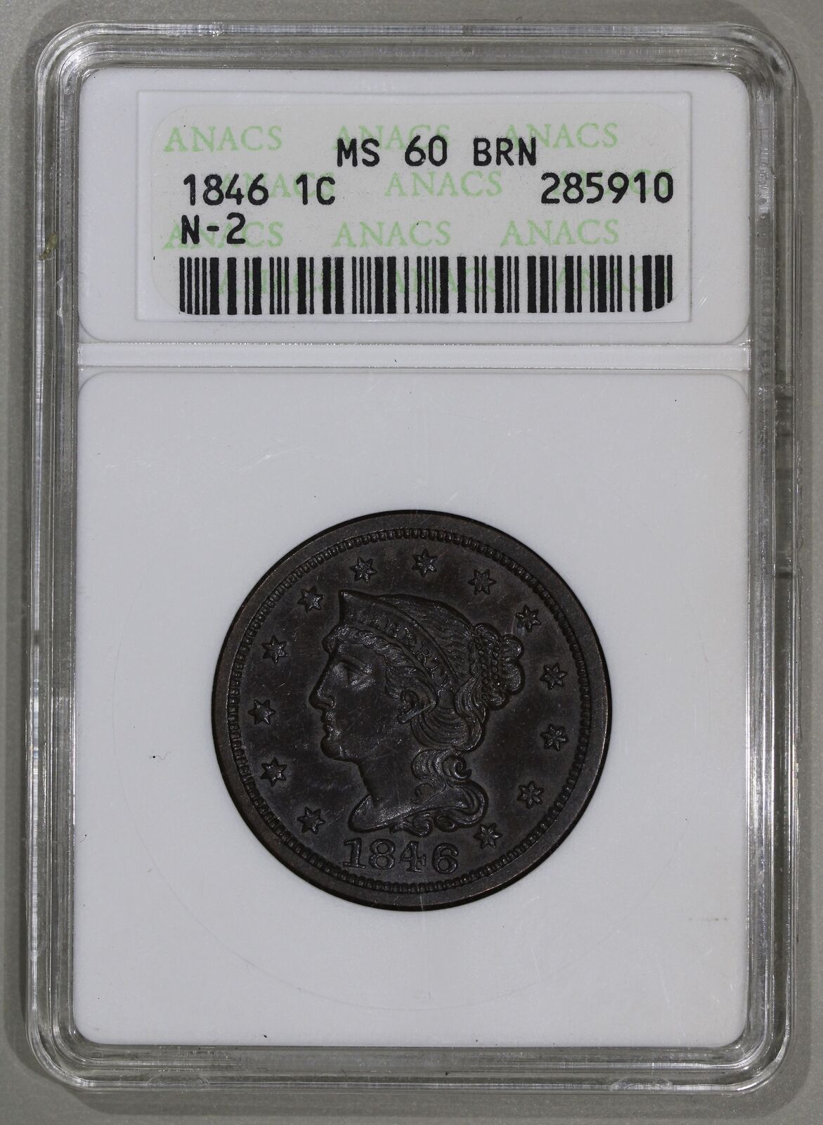 1846 (MS60 BN) Braided Hair Large Cent 1c N-2 ANACS Soapbox Graded Coin