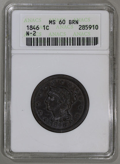 1846 (MS60 BN) Braided Hair Large Cent 1c N-2 ANACS Soapbox Graded Coin