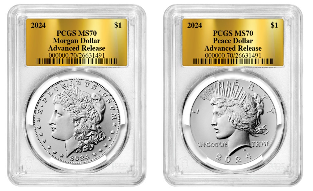 2024-P (MS70) Morgan & Peace Silver Dollar Advanced Release AR (Gold Foil) PCGS