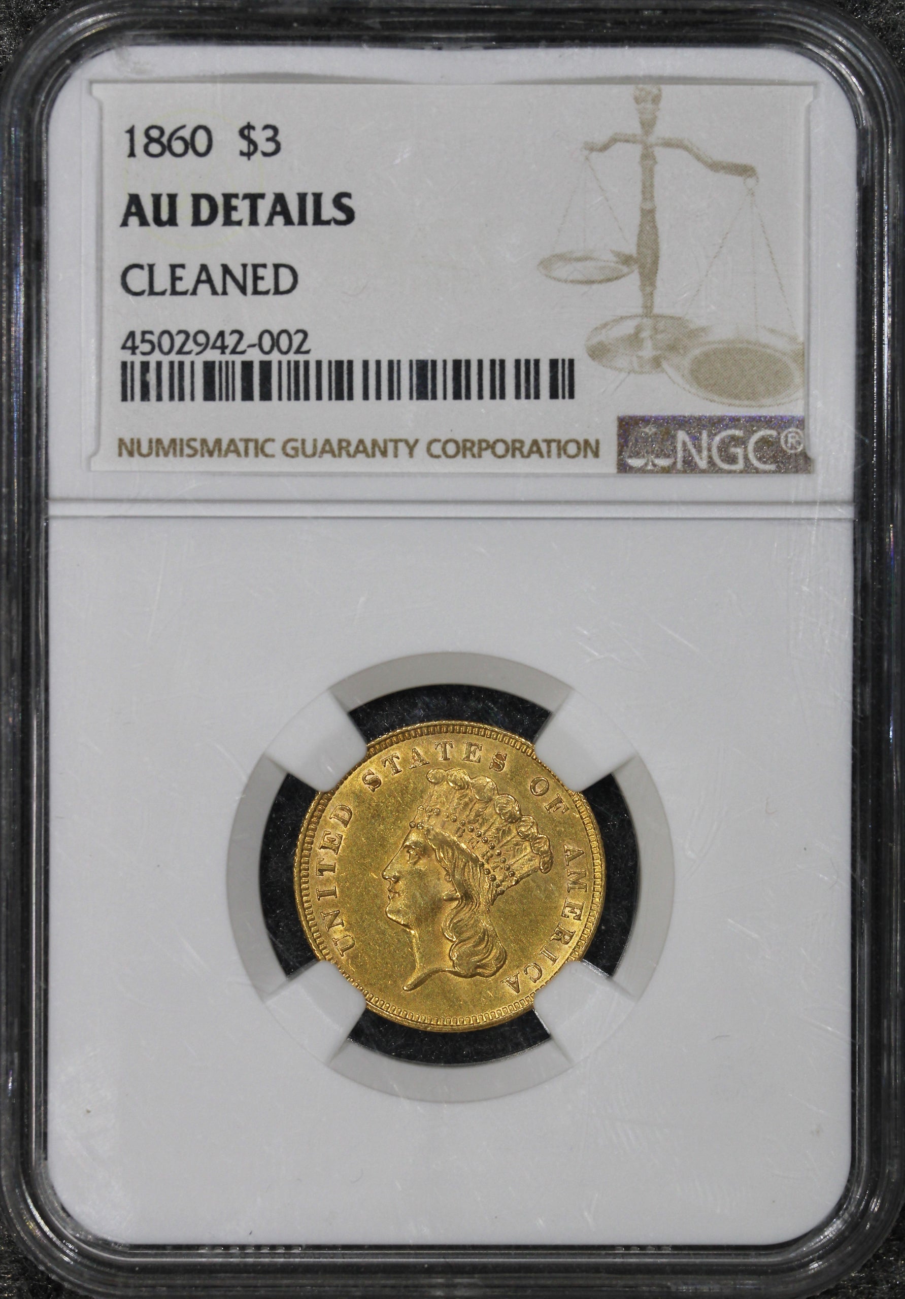 1860 (AU Details) $3 Indian Princess Three Dollar Gold Coin NGC